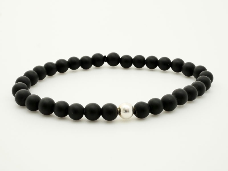 Eliyah - 8mm - Matte Black And Chrome Silver Beaded Stretchy Bracelet with  Silver Buddha