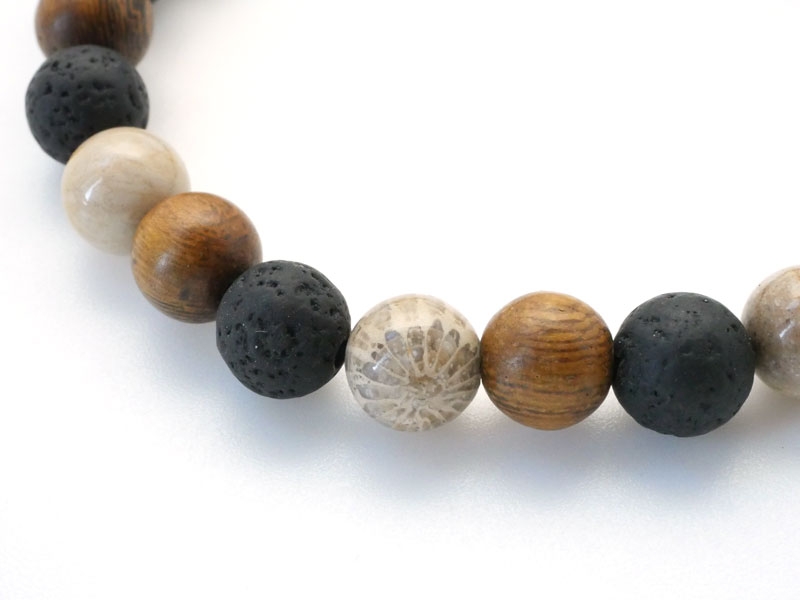 Bracelet Perles de Lave pour Homme en Bois, Hématite et Pierre Fossil